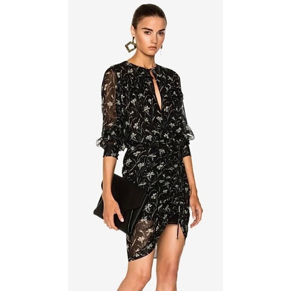 Veronica Beard Fitzgerald Ruffle Sleeve Ruched Dress Black Floral Silk Size 2